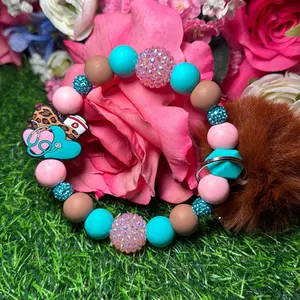 Ohhh nurse wristlet keychain color scheme posh pink, peanut butter, turquoise and bling beads made with  wire