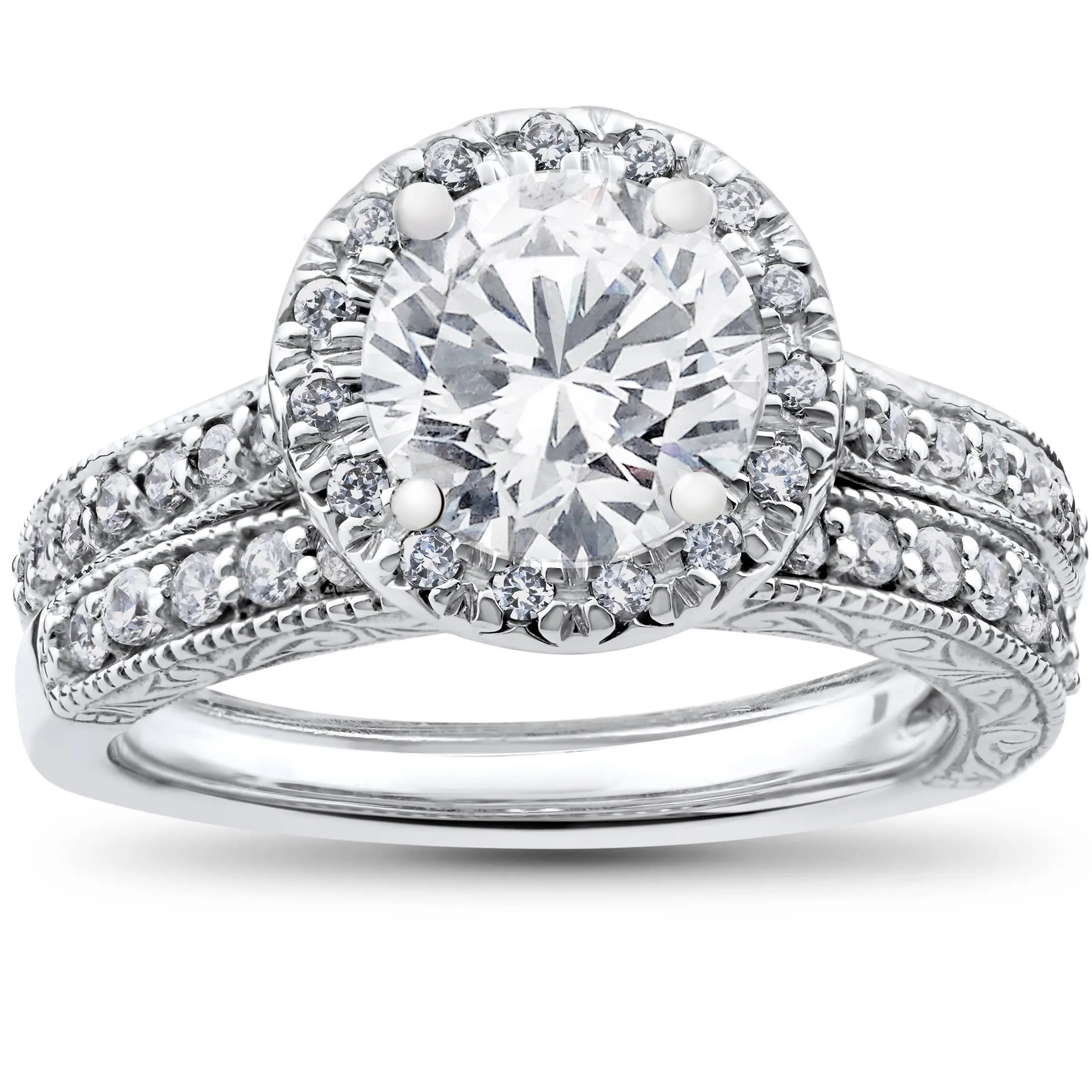 2 1/2ct Halo Lab Grown Diamond Engagement Vintage Matching Wedding Ring Set Gold