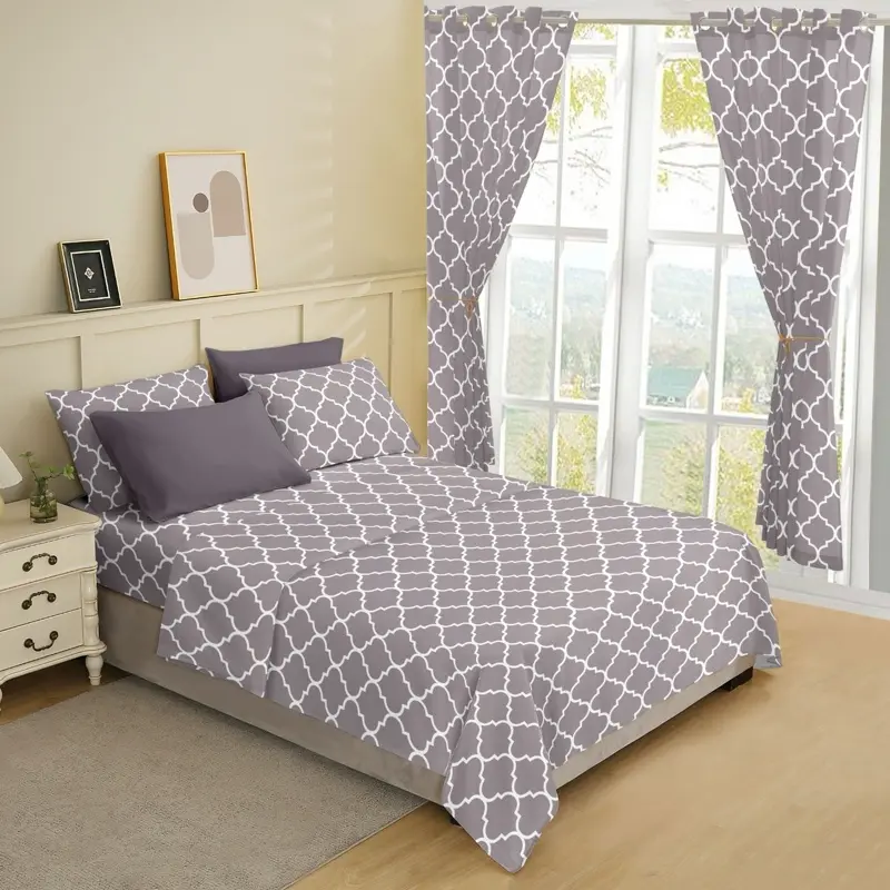 8 pieces bedsheet set: 2 curtains, 4 pillow cases, 1 fitted sheet, 1 flat sheet