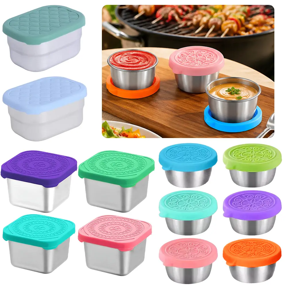 (3 Sizes) 12Pcs Salad Dressing Containers with Lids, Leakproof Reusable Stainless Steel Salad Dressing Container to Go for Lunch Boxes, Sauce containers, Picnics, Travel Meal Prep and Kitchen Storage