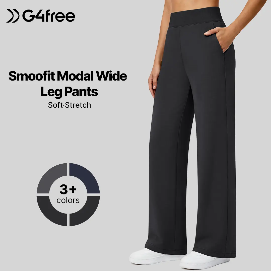 G4Free Smoofit Women's Wide Leg Modal Casual Sweatpants - Elastic High Waist with Ribbed Waistband, Silky Peach-Fuzz Soft Fabric, Good Drape, Side Pockets for Daily Wear & Travel