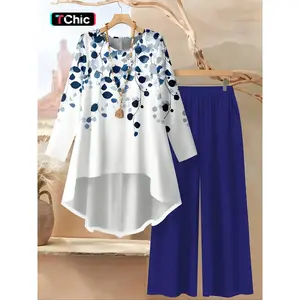 Women's printed irregular long sleeved top and elastic waist wide leg pants two-piece set, suitable for beach vacation, leisure outing, lazy time, vacation, family, comfortable daily wearRAIMENTRY