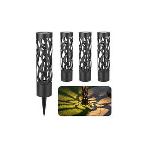 Home Zone Living Secure Solar Hollowed Bollard Lights 4-Pack, Rotating Light Effect, Dusk-to-Dawn, Metal Garden Pathway, 22 in. (55.9 cm)