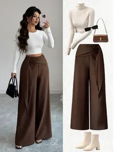 New Women's Woven Twill Side Zip Belted Draped Design Spring Autumn Wide Leg Pants, Casual Elegant Daily Wear Long Trousers