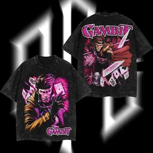 SuperStyle MCU Comics Gambit Card Master Oversize Short-Sleeve Seamless T-Shirt, Classic Acid-Washed Cotton Fabric Apparel, Double-Printed Graphic Design Lightweight Streetwear Top for Men
