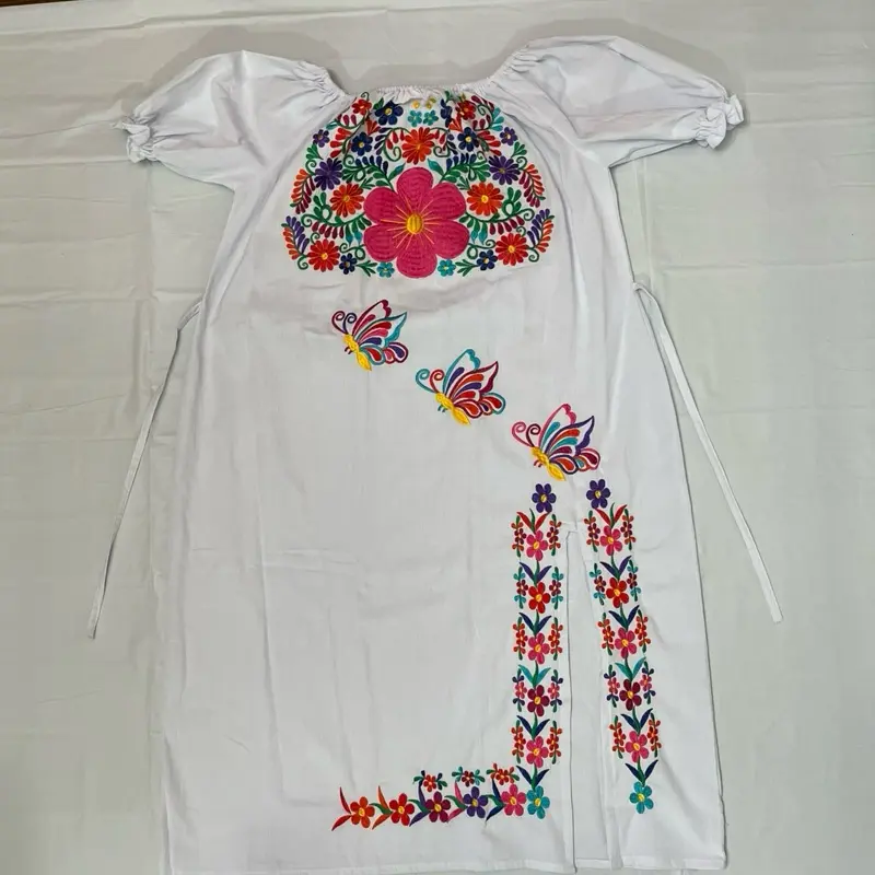 Mexican Miriam Dress with Colorful Embroidery and Butterfly Accents for Festive Wear