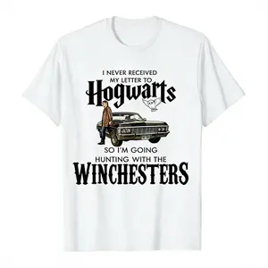 ‍♂️[Graphic Tee]Black T-Shirt with Hogwarts & Winchesters Hunting Graphic, Casual Tee for Fans of Harry Potter & Supernatural, Adult & Youth Holiday Shirt, Unisex Fan Outfit, Geek Holiday Top, Festive Party Graphic Tee