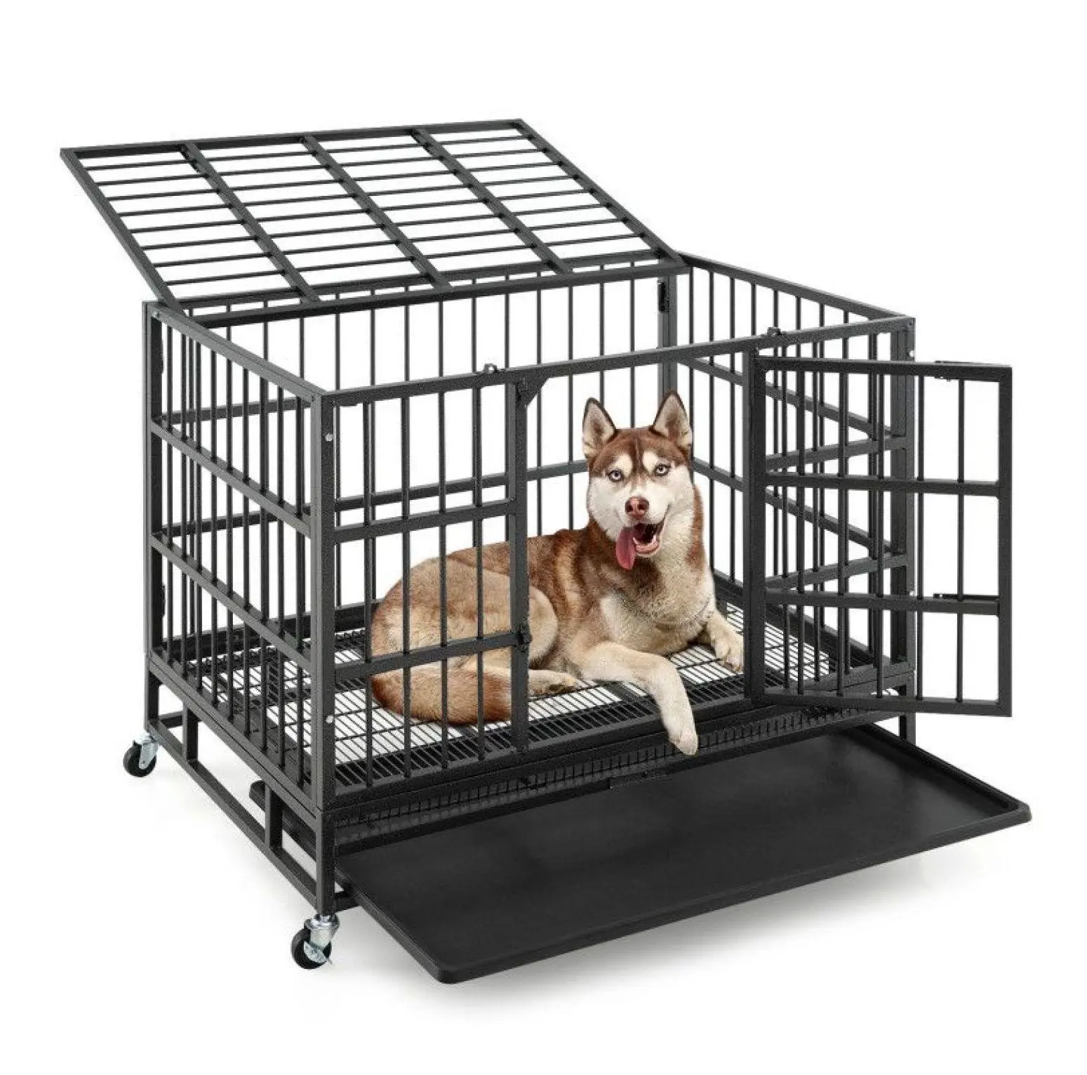 38 in Heavy-Duty Metal Tube Dog Cage - Foldable Portable Crate with Locking Wheels, Removable Tray, Secure Space Black Pet Enclosure for Travel