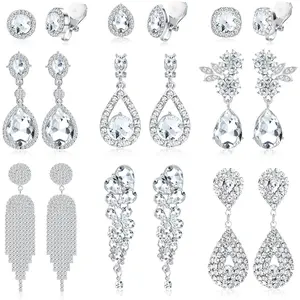 ZELORES 9 Pairs Clip On Earrings For Women Wedding Bridal Chandelier Earrings Teardrop Long Drop Dangle Clip-On Earrings Set Rhinestone Earrings For Brides Bridesmaids Non Pierced Jewelry