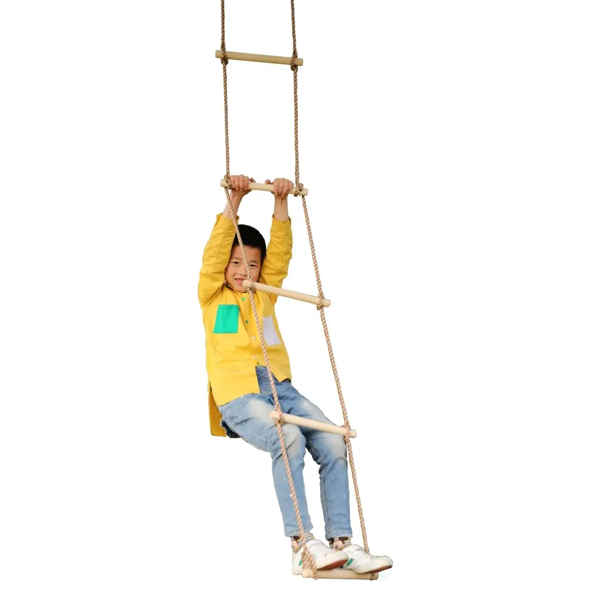 PLAYBERG Rope Ladder for Kids, 5-Step Wooden Climber with Heavy-Duty Nylon Rope, Fun Swinging Design for Treehouse Access and Leisure Recreation, Gymnastic Feel, 82.5X11x0.75 In, Wooden Steps, Swings While Climbing, Outdoor, Ready To Hang, Sports