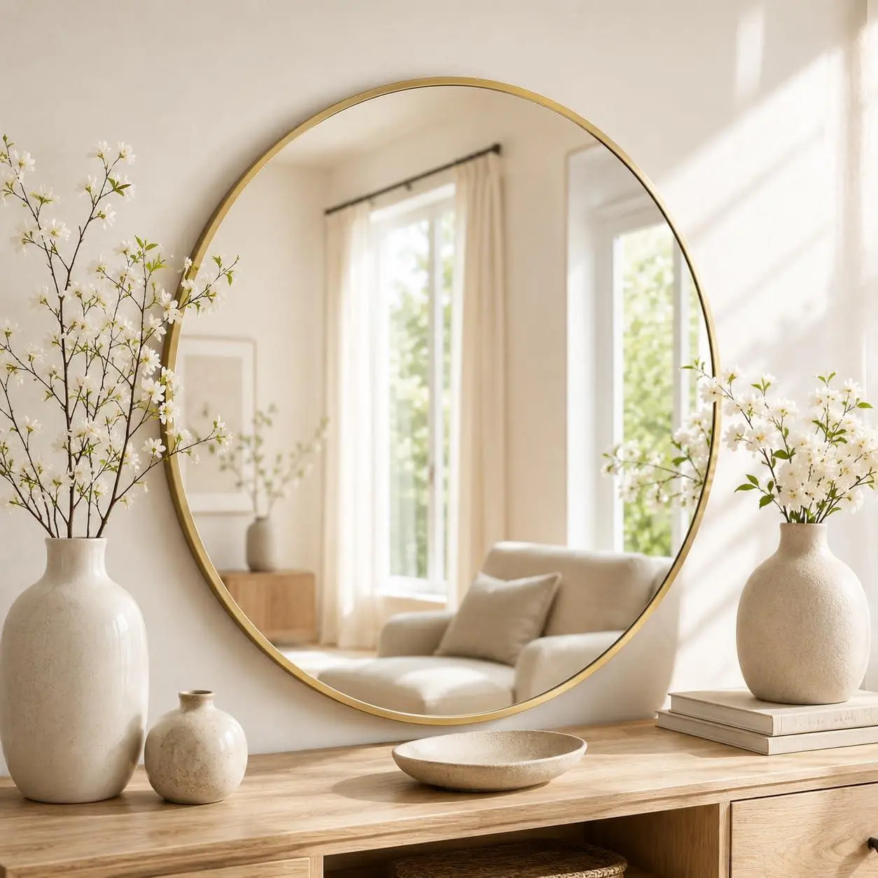GAOMON 32 Inch Round Wall Mirror, Gold Metal Frame, Modern & Minimalist Design, Explosion-Proof Backing, Crystal Clear Reflective Glass, Bedroom, Bathroom, Entryway Decor, Easy Installation