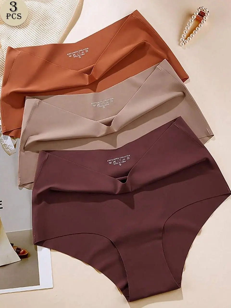 3Pcs Plus Size Ice Silk Thongs, Seamless High-Waisted Invisible Panties, Comfortable Multi-Color Underwear