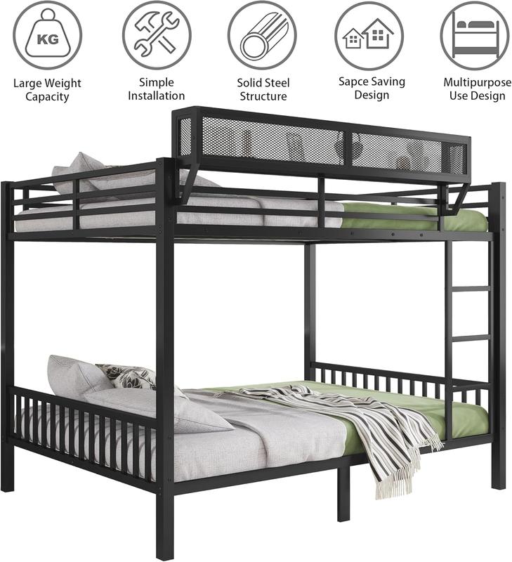 Queen Over Queen Bunk Beds Frame for Adults, Metal Bunk Bed Queen Size with Storage Shelf, Heavy-Duty Bunk Bed Frame with Ladder and Slats Support ,Space-Saving, Noise Reduced, Black