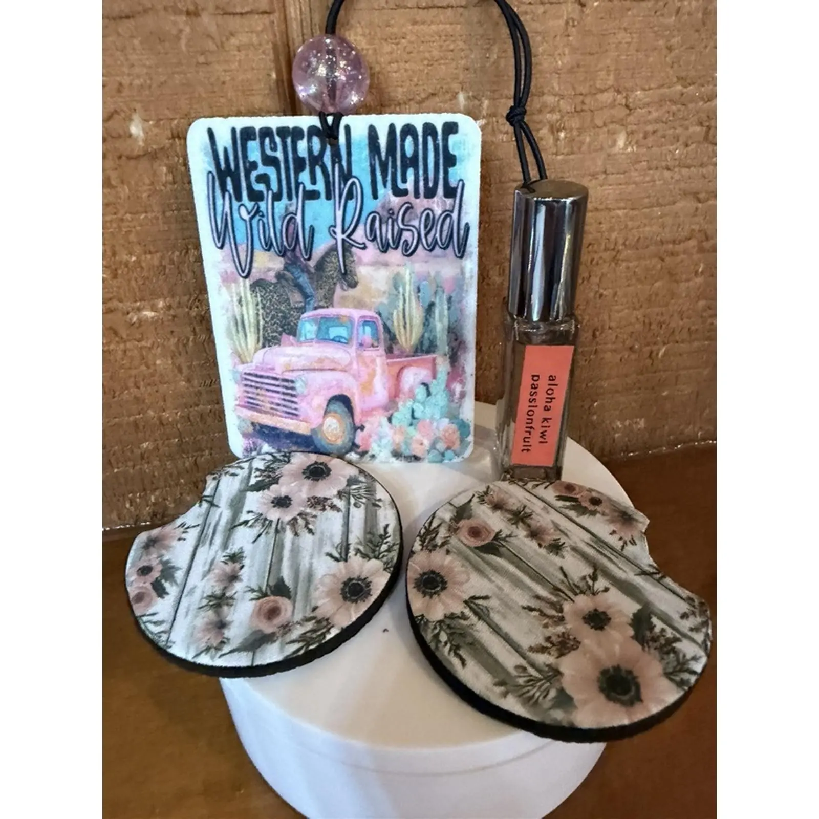 Aloha Kiwi Passionfruit Scented Felt Car Freshie with 2 Coasters Western Made Wild Raised Design
