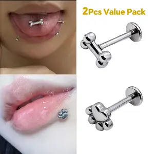 2pcs Surgical Steel Tongue Ring Lip Ring Earring  Adorable Dog Bone and Cat Paw Design, Fashionable Accessories for Men and Women, Versatile Style for Daily Wear, Exquisite Jewelry, Perfect Birthday Gift