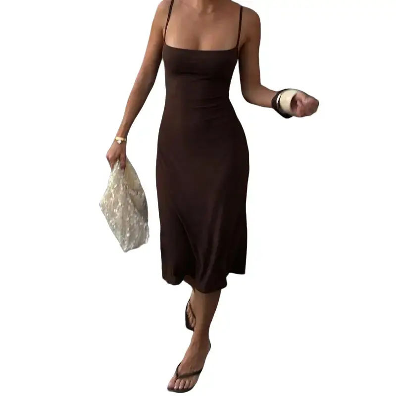 Women's Minimalist Fashion Draped Midi Dress - Sleeveless, Thin Strap, Asymmetric Hem - Casual Essential Outfit for Daily, Date, Summer Club Wear, Fashion Draped Dress