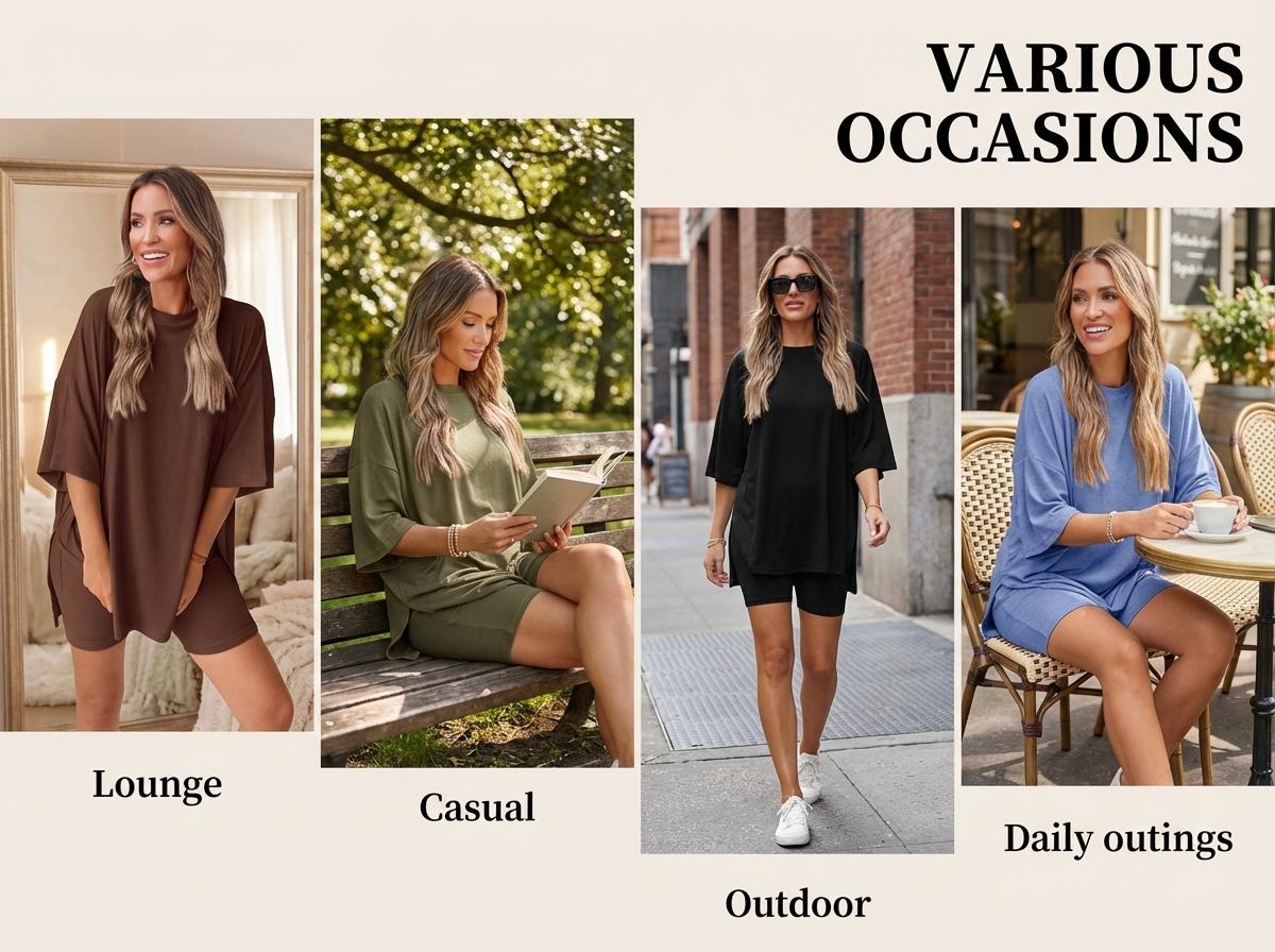 Crewneck Two-Piece Set For Women(S-4XL) Summer Casual Oversized Split Hem T-Shirts & Right-Side Patch Pocket Fitted Shorts Minimalist Lounge Wear Comfy Homewear Cozy Pjs Crewneck Two-Piece Set For Women(S-4XL) Summer Casual Oversized Split Hem T-Shirts & Right-Side Patch Pocket Fitted Shorts Minimalist Lounge Wear Comfy Homewear Cozy Pjs