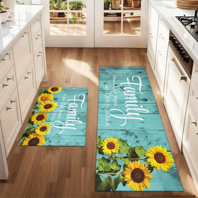 2Pcs blue wood grain background sunflower floor mat set modern abstract art printed carpet farmhouse anti fatigue kitchen carpet anti slip washable kitchen restaurant floor sink laundry room decoration carpet mat Non Slip Rugs