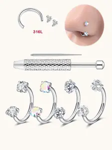 Zirconia Horseshoe Nose Ring, Hypoallergenic 316L Stainless Steel, 8mm Diameter, Heart Star Design, Ideal for Piercings, Piercing Jewelry, Includes Tool