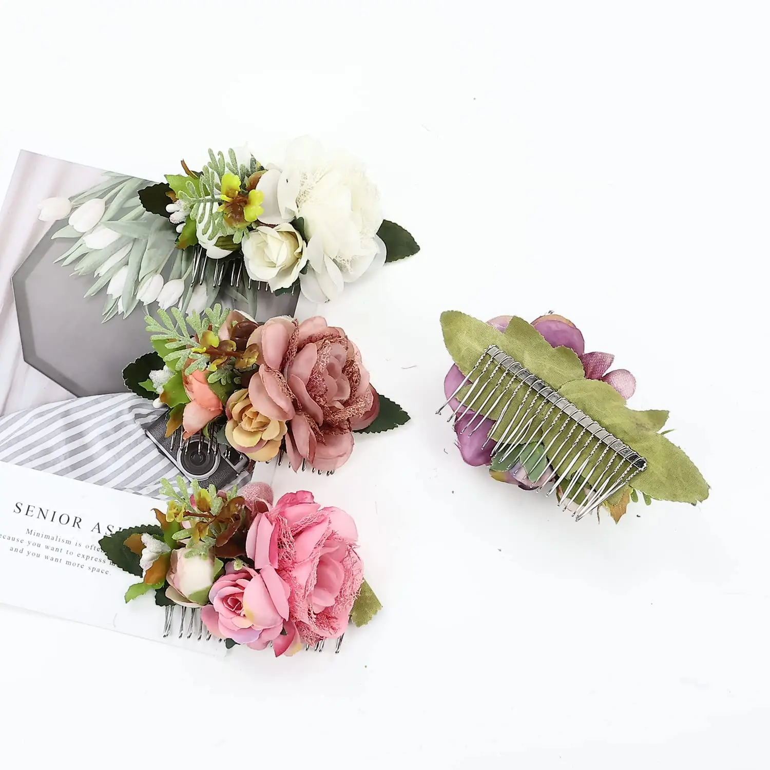 4pcs Vintage Fabric Flower Hair Side Comb, Multi-Color Rose Floral Hair Accessories for Bride, Bridesmaid, Wedding, Daily Party Hairstyling