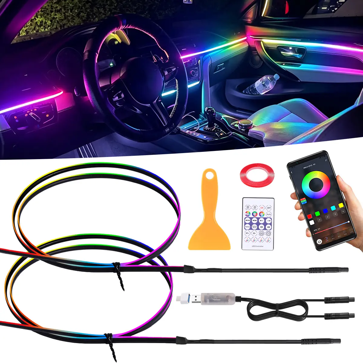 RGB Car Symphony Ambient Light, 256‑Color LED Acrylic Atmosphere Strip, Bluetooth APP & Remote Control