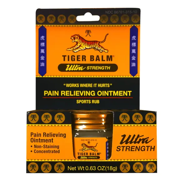 Tiger Balm Ultra Strength Pain Relief Ointment 0.63 oz Jar Relieves Backaches Sore Muscles Strains Non-Staining Concentrated Sports Rub