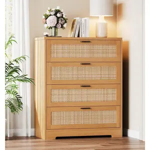 Tall Rattan Wooden Dresser With 4 Spacious Drawers Multifunctional Storage Cabinet With Pull Handles Wide Top Surface Easy Assembly For Bedroom Living Room Hallway Entryway Natural Modern Design Nat