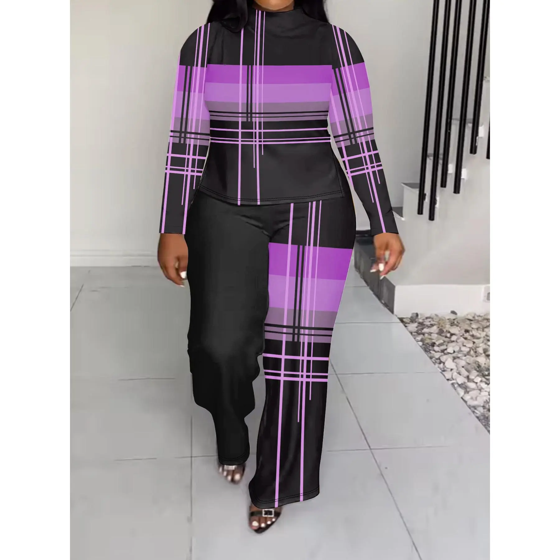 NEW Women Plus Size Plaid Print 2 Piece Pants Outfit, High Neck Long Sleeve Slim Top & Patchwork Wide Leg Pants Matching Set, Casual Fashion Co Ord Set, Curvy Loungewear Suit For Daily Street Wear