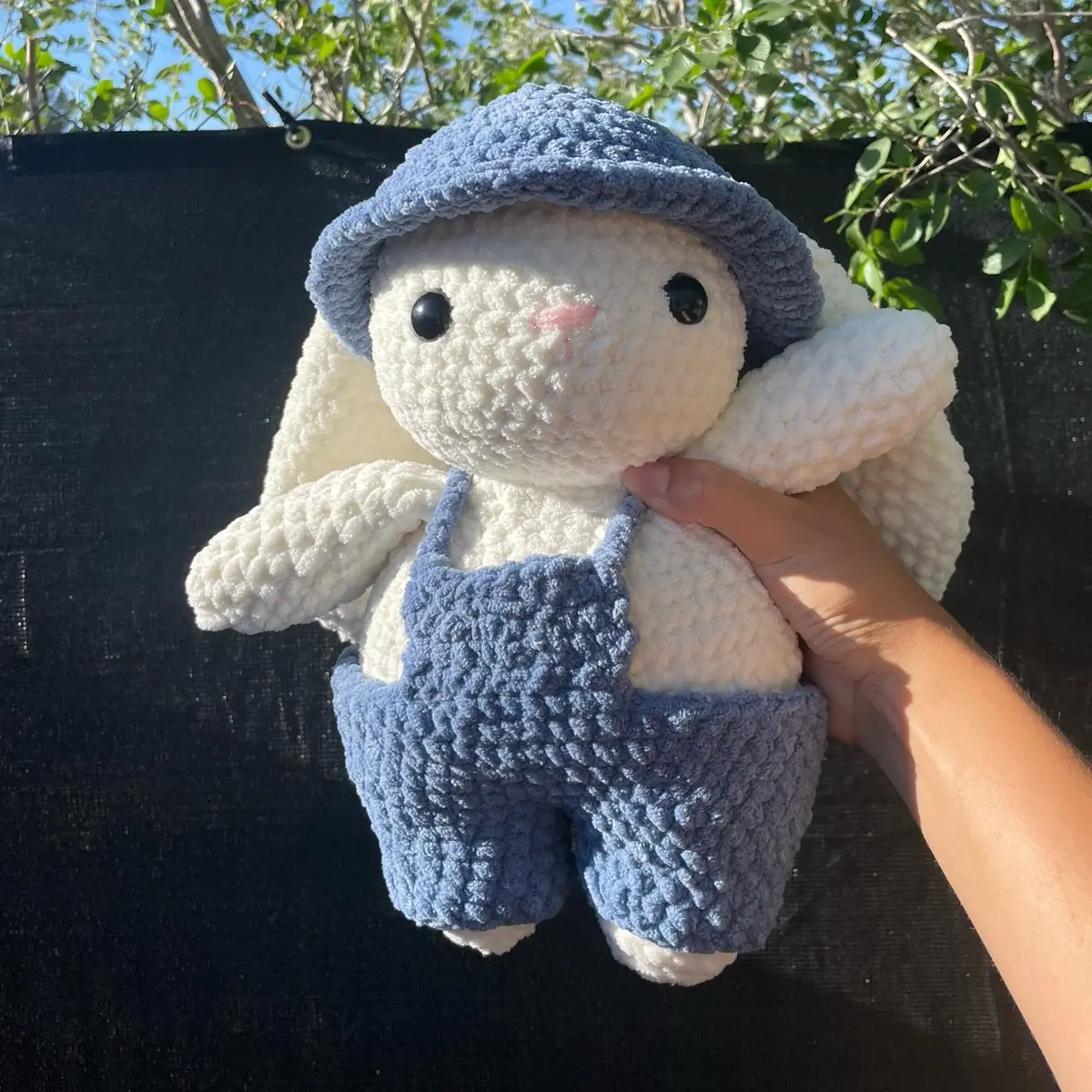 Jumbo Bunny Blue Removable Overalls and Bucket Hat Crochet Plush