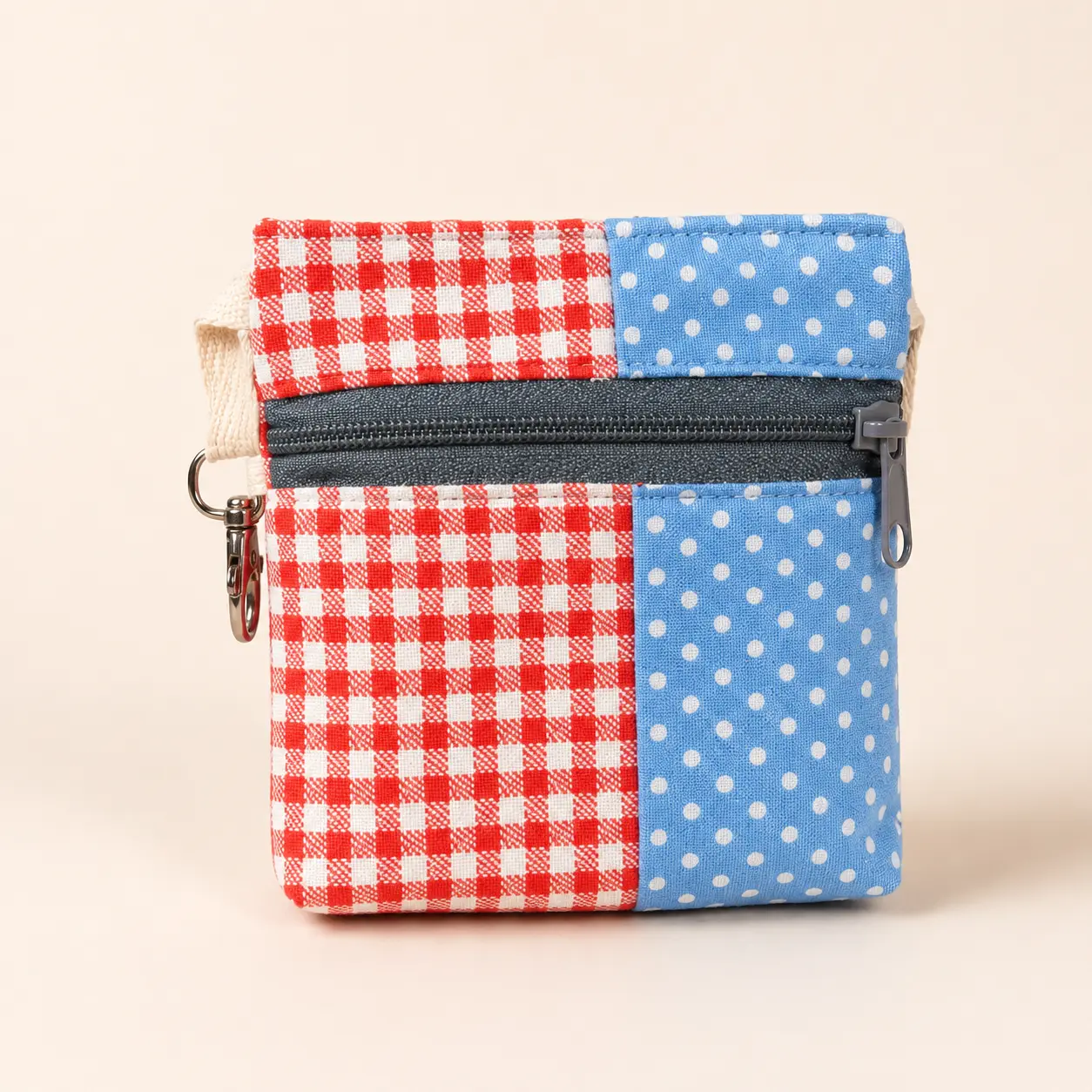 Handmade Standing Zipper Pouch – Navy Stripe & Light Blue Polka Dot / Orange Zipper