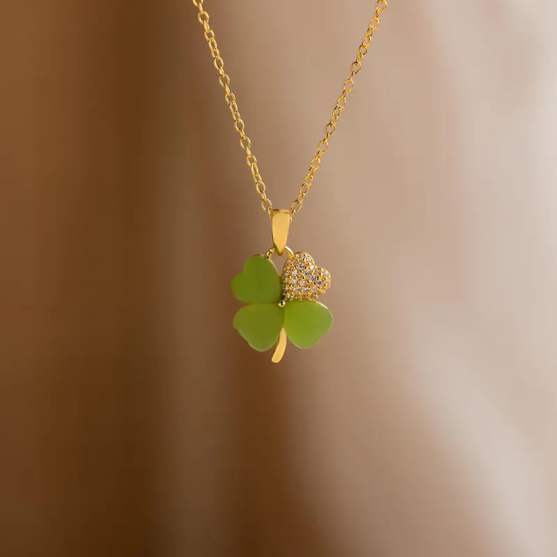 Pave Jade Clover Necklace by Caitlyn Minimalist - Dainty Diamond Crystal Pendant Necklace - Unique Jewelry - Best Friend Gift