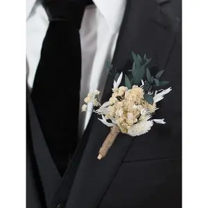 Rinlong 6Pcs Dried Flower Boutonnieres Wedding Flower White Vintage