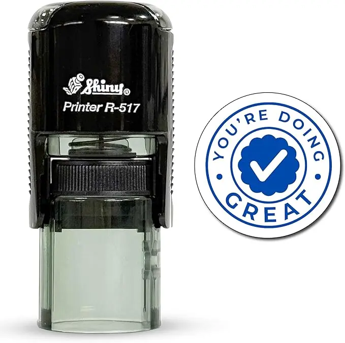 Rubber Self-Inked "You're Doing Great" Round Teacher Stamp, 11/16 in Size, Built-In Stamp Pad, Easy Pad Release, Slip Resistant Rubber Feet, Versatile Office Stationery, R-517