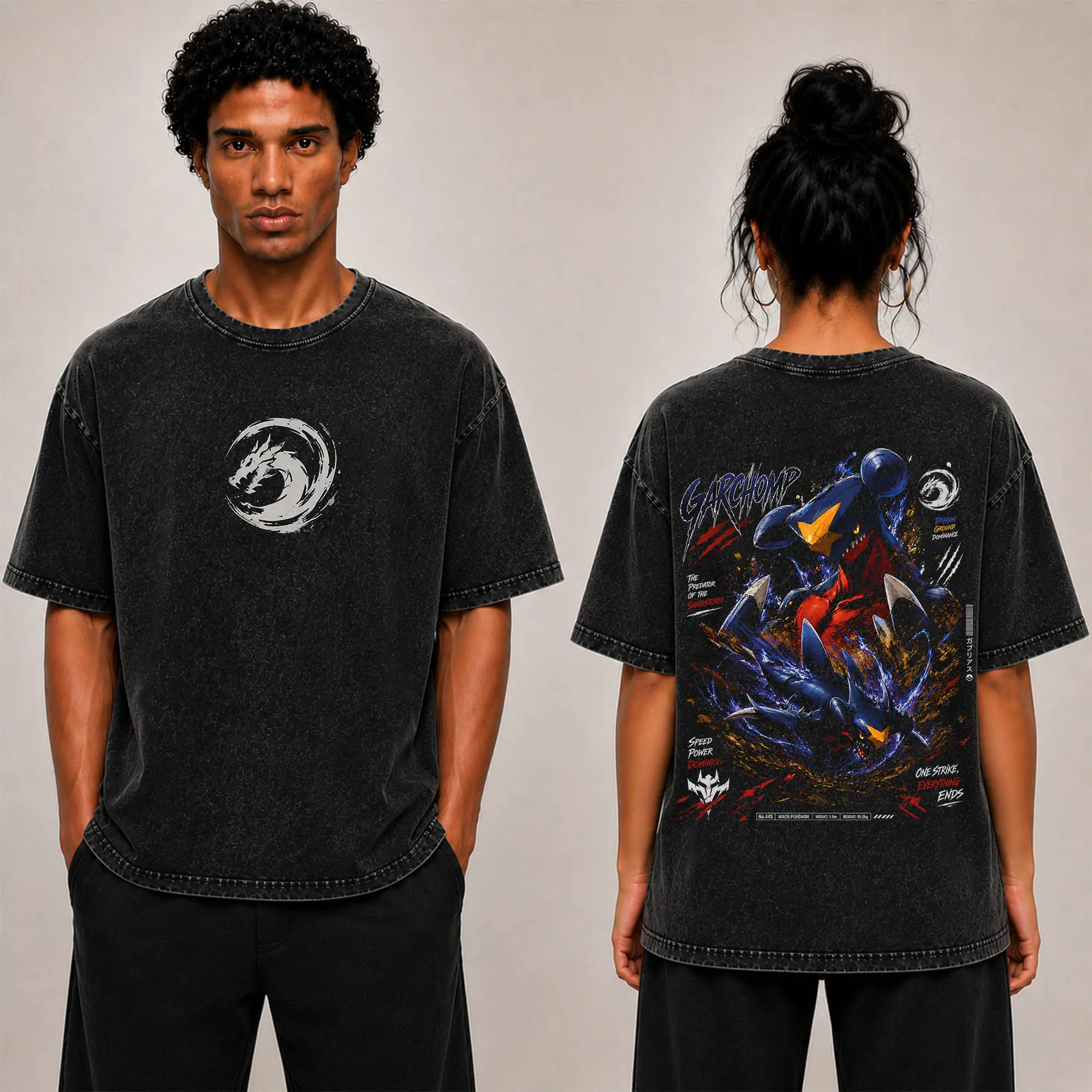 Pocket Monsters - Garchomp Wash TShirt Vintage Unisex Oversize Anime Manga Acid Washed Heavyweight Cotton T-shirt for Fans