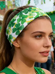 St Patrick's Day Clover Wide Hairband, Elastic Yoga Headwear for Women, Casual All Season Accessory, Daily Wear Decoration