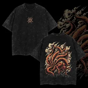 "Jinchuriki Kurama Nine Tailed Fox" Naruto Shippuden Retro Vintage Unisex Anime Manga Acid Washed Tshirt Fabric, Anime Lover Streetwear Menswear Cotton Oversized graphic tee