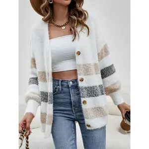 Women's Casual Color Block V-Neck Cardigan - Polyester 57.0%, Polyamide 43.0% Knit Fabric, Long Sleeve Open Front Sweater with Ribbed Detail for All Seasons, Casual Wear | French Stripe Pattern | Layering Piece, Lightweight Cardigan