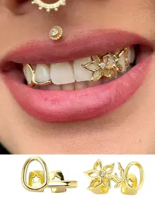 2pcs Hollow Flower Design Copper 14k Gold Plated Micro Set 5a+ Artificial Zircon Tooth Gem Kit Grillz for Women, Party Style, All Seasons