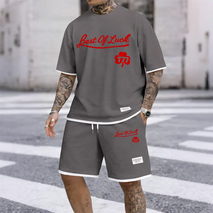 Men's 2-Piece Polyester Waffle Textured Shortsleeve T-Shirt & Shorts Set, 777 Print, Round Neck, Loose Fit, Lightweight Breathable, Pockets, Minimalist Menswear Casual Clothes for Fitness, Outdoor Use