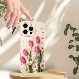 Creamy pink tulip and daisy pattern, shockproof and anti-slip TPU full-coverage lens phone case, suitable for iPhone 17, 16, 15, 14, 13, 12, 11, XS, X, Samsung and other series models. Can be given as a gift to friends or family.