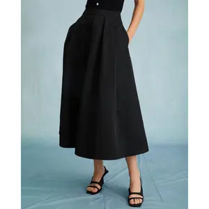 Rihoas Women's Black High-Waisted Solid Pleated Midi Skirt - Chic Soft Fabric Bottom with Zipper Closure, Skirted Midi Style, Solid Pleated Skirt, Skirted Midi Skirts