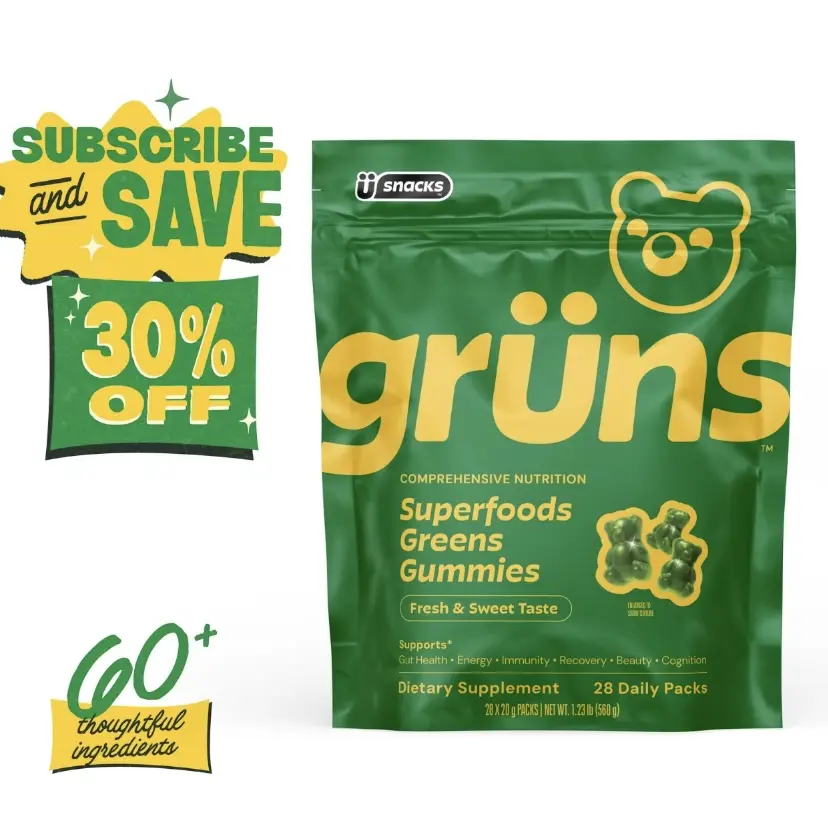 Grüns Superfood Greens Gummies (Sugar-Free): 21+ Vitamins and Minerals, Prebiotics for Digestive Health, Adaptogens. Nutritional Edible Dietary Supplement to Support Fitness