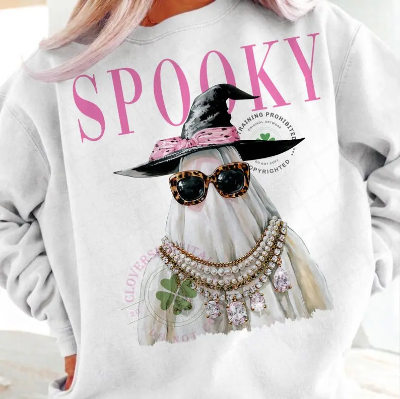 Glam Ghost Sweatshirt Preppy Ghost Sweatshirt Bling Design Halloween Designs Boujee Sweatshirt Leopard Print Sweatshirt Ghost Graphic Spooky Graphic