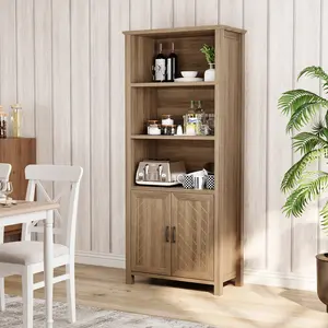 70 Inch Tall Bookshelf 5 Tier Bookcase with Barn Doors and Adjustable Shelves, Walnut Farmhouse Book Shelf with Storage Cabinet