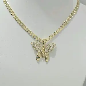 Butterfly Pendant Necklace with Cubic Zirconia Accents in Gold Tone Chain for Women