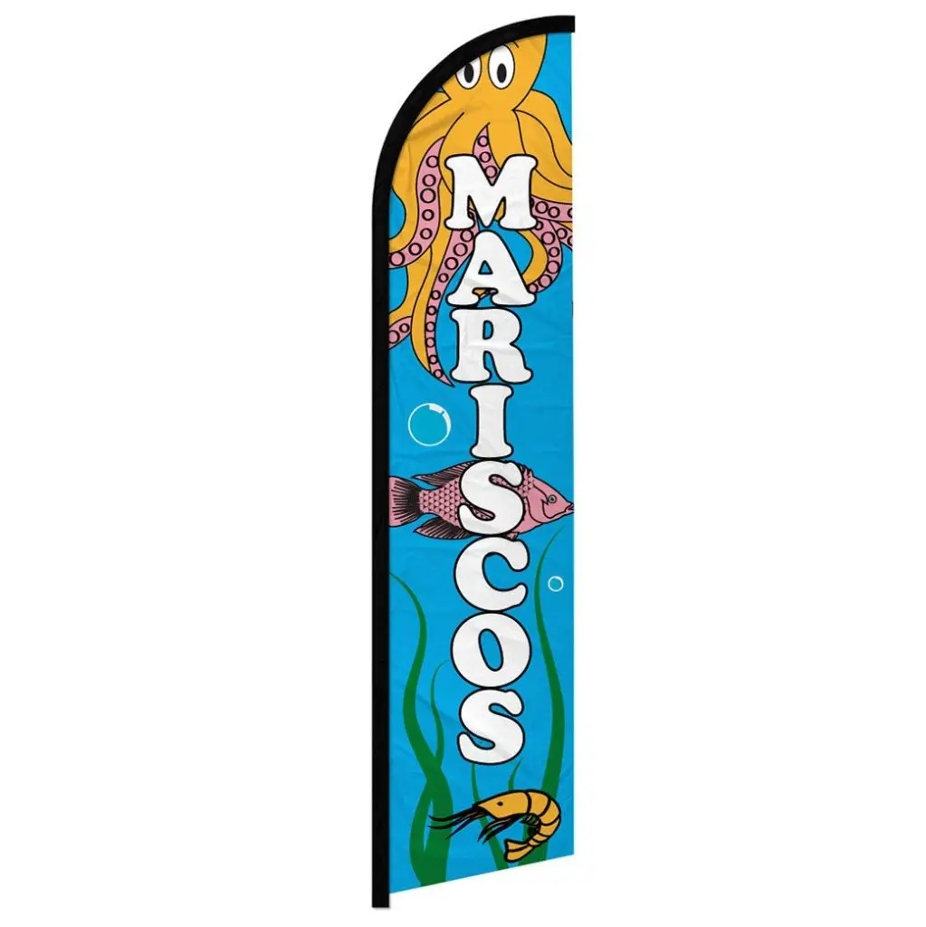 Windless Mariscos Banner Flag - 11.5x2.5 ft Outdoor Polyester Knit Backdrop, Curved Sleeve Outdoor Decorations Supplies for Home Parties, Festive Occasions