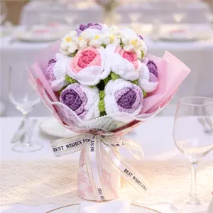 Handmade Crochet Artificial Rose Bouquet, Soft Tone, Fabric Roses, Silk Ribbon Wrap, Home Decor, Wedding, Valentine's Day, Mother's Day, Graduation, Holiday Gift, Decorative Flower Arrangement