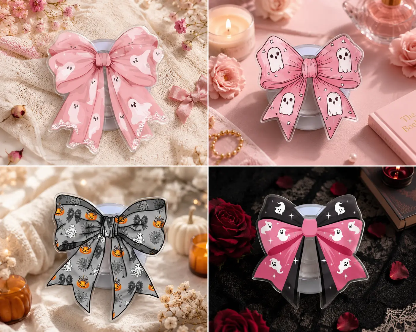 Aesthetic 2D Acrylic Cute Ghost Bow Phone Grip, Spooky Pink Ribbon Pop Socket, Phone Stand Holder