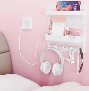 Bedroom Decor Bedside Wall Organizer White Dorm RV Small Room Phone Remote Shelf with Headphone Hook and Storage Slots