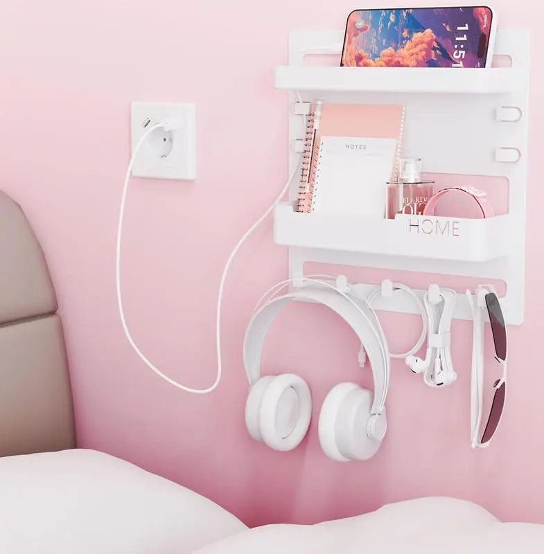 Bedroom Decor Bedside Wall Organizer White Dorm RV Small Room Phone Remote Shelf with Headphone Hook and Storage Slots Hanging Accessories